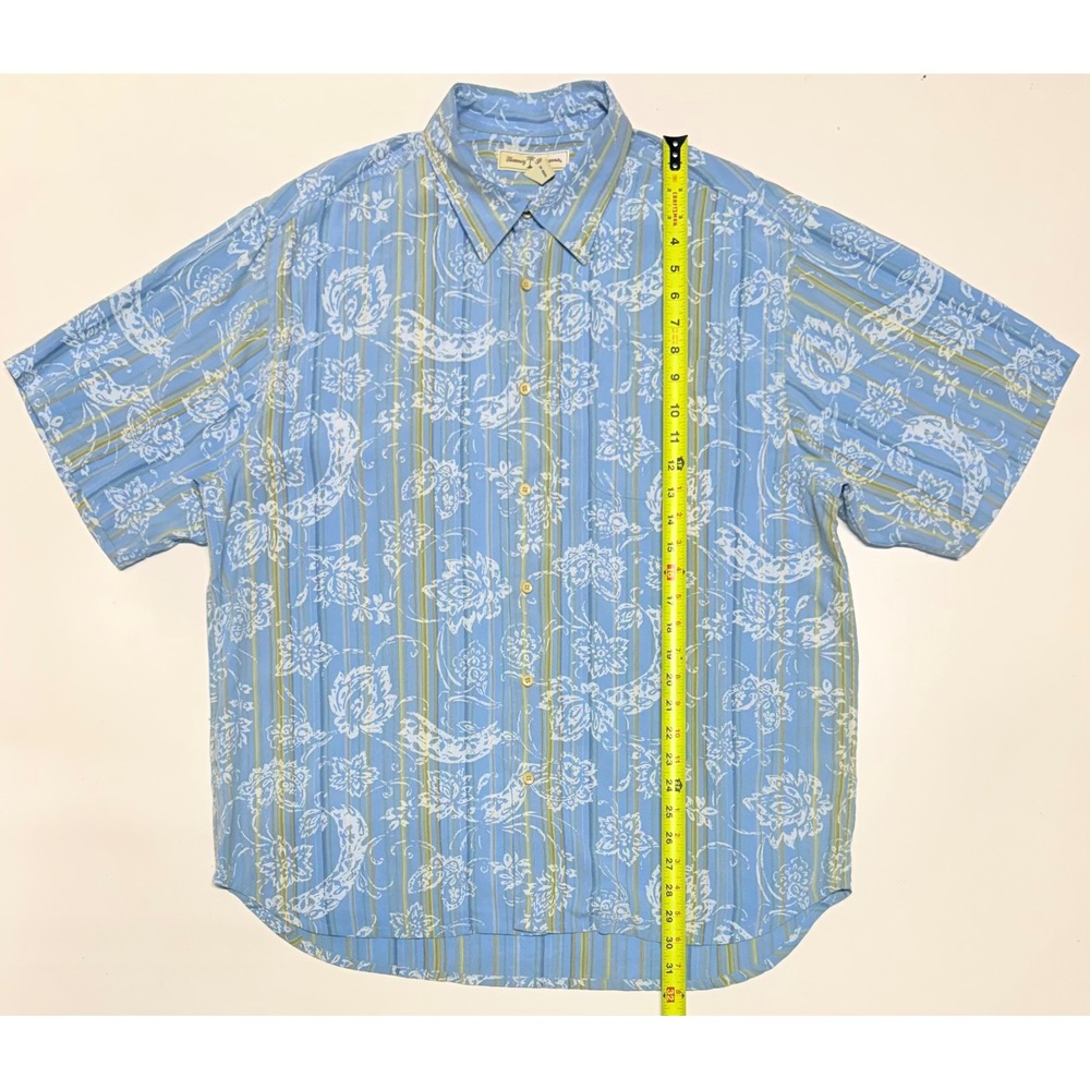 Tommy Bahama Mens XL Blue Striped Floral Tencel Short Sleeve Button Up Shirt